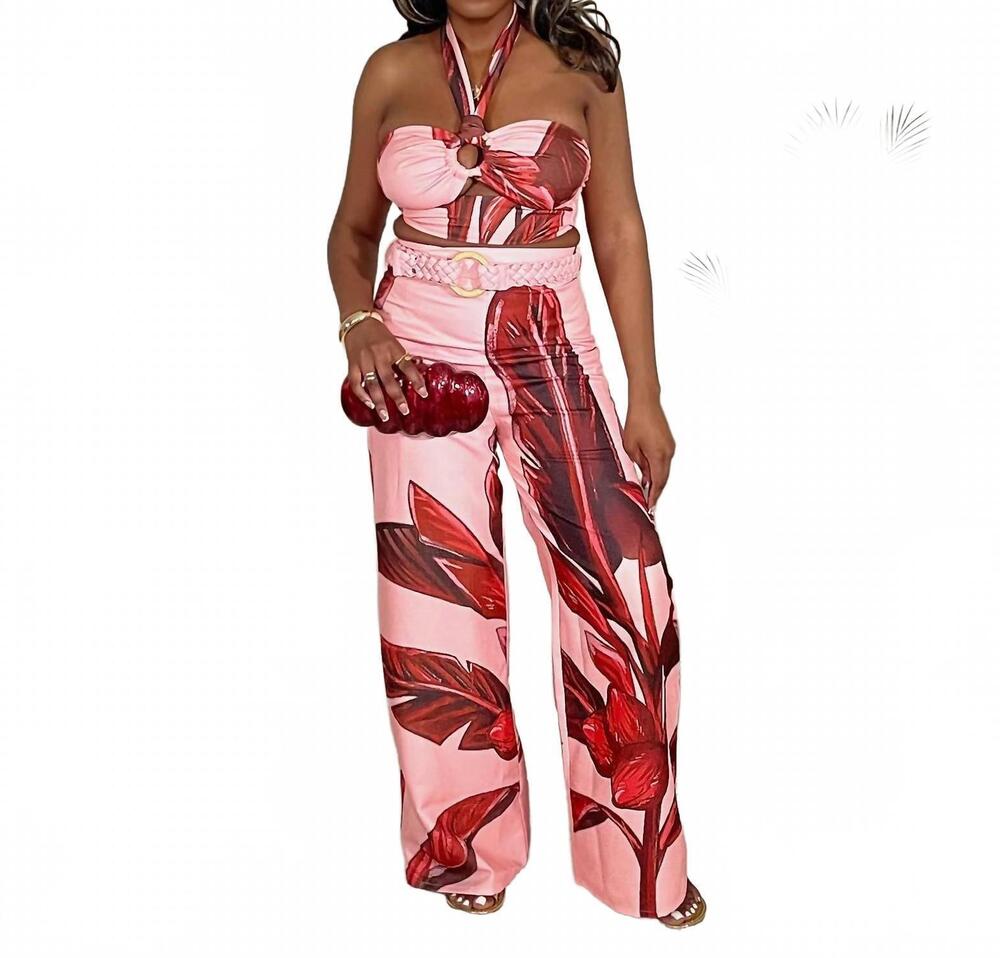NEW ENDLESS BLU. passport ready leaf print belted pant set in pink/red